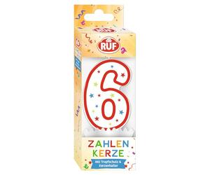 RUF Bougie d'anniversaire numéro 6, rouge, avec étoiles multicolores, de qualité supérieure, avec protection anti-goutte, idéale comme décoration de gâteau, 1 pièce