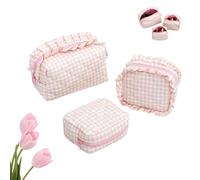 Ruffle Pouch Bag,Ruffle Makeup Bag,Small Plaid Quilted Makeup Bag Set for Travel 3PCS,Mini Ruffles Cosmetic Toiletry Bags,Preppy Aesthetic Pouch Purse Womens Organizer Storage Case (Pink)
