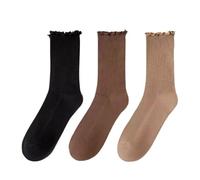 Ruffle Socks Chaussettes mignonnes en coton doux au milieu, noires et blanches, respirantes, à lisière ondulée, for femmes, volants unis(3pairs Set-2)
