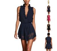 Ruffle Trim Pleated Chiffon Lace Jumpsuit,Romper for Women | Deep V-Neck Sleeveless Pleated Short Romper,for Summer Casual Party Vacation Club Outfit