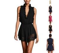 Ruffle Trim Pleated Chiffon Lace Jumpsuit,Romper for Women | Deep V-Neck Sleeveless Pleated Short Romper,for Summer Casual Party Vacation Club Outfit