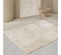 Rug-QJDDUP Tapis Carré Salon,Conception à Rayures géométriques Blanc Lait d'avoine Moderne,Tapis Poils Ras pour Salle de Séjour, Chambre,Salle à Manger,Beige,150 x 150 cm