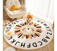 Rug-QJDDUP Tapis Rond, Alphabet Noir, Lion Beige Rose Orange, Chambre Enfant, Multicoloured, Diamètre 110 cm, Tapis de Salon Chambre Salle à Manger Cuisine, Poil Ras Doux