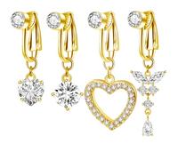 RUGBOL Lot de 4 piercings de nombril, piercings de nombril sans perforation, papillons et cœurs, en acier inoxydable, pour femme (doré)