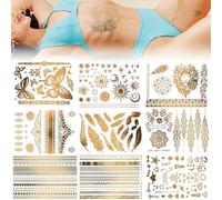 RUGBOL Lot de 9 Tatouages Temporaires, Tatouages Éphémères Pailletés Or avec Pochoirs Art pour Femmes, Filles, Enfants et Garçons, Visage et Corps DIY (Style 2)