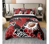Rugby Coton Housse de Couette 240 x 260,Football Sport Parure de Lit pour Le Lit,Jeu en Nid d'abeille Imprimé Chambre Décor Enfant Garçon Literie Set,Peinture À L'Encre Rouge Noire Couvre Lit