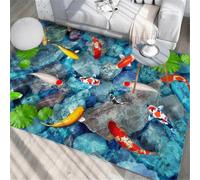 RUGMRZ Tapis Enfant Chambre Fille 160X200Cm Couloir Long Bleu Eveil BéBé Pique Niques Motif Geometriquele De Feuille Lotus L'École Poisson Est Un Must pour La