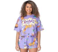 Rugrats Pyjamas Femme | Adultes Dames T-Shirt Croppé avec Short Bottoms Pjs | Logo du Personnage Violet Tommy Chuckie Angelica | Produits dérivés de Dessins animés des années 92