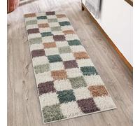 Rugs by Desire Chester Tapis à Poils Longs Moderne - Design Contemporain à Carreaux - Poils en Peluche de 30 mm avec Envers en Jute - Tapis de Couloir d'intérieur - Multicolore - 60 x 220 cm