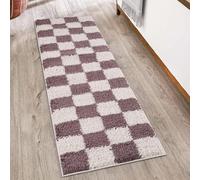 Rugs by Desire Chester Tapis Moderne à Poils Longs pour Salon - Design Contemporain à Carreaux - 30 mm - Revers en Jute Doux - pour Couloir, intérieur - Lilas, 60 x 220 cm