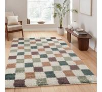 Rugs by Desire Chester Tapis Moderne à Poils Longs pour Salon - Design Contemporain à Carreaux - Poils en Peluche de 30 mm avec Envers en Jute - Tapis de Couloir d'intérieur - Multicolore, 120 x 170