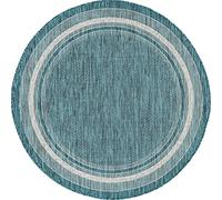 Rugs.com Outdoor Border Collection Tapis rond, bleu sarcelle, tissé à plat, parfait pour le salon, la grande salle à manger, les plans d'étage ouverts