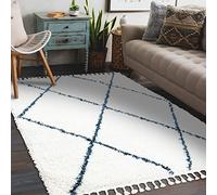 rugsx Tapis Union à Poils Longs Style marocain Treillis crème/Bleu Frange Berbère Marocain Shaggy 120x170 cm