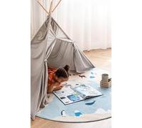 RugVista World Map Tapis pour Chambre d'enfant, Ø 150 cm, Rond, Poil Court, Lavable en Machine jusqu'à 30°, Chambre pour Jeunes et bébés, Résiste à l'eau, Clair Bleu/Beige