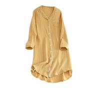 RUHANE Chemises de Nuit en Coton pour Femmes, Boutons Manches Longues Haut Robe Kimono Ample fie Vêtements de Nuit pour Femmes avec Poches,Jaune,XL