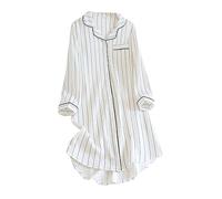 RUHANE Chemises de Nuit en Coton pour Femmes, Boutons Manches Longues Haut Robe Kimono Ample fie Vêtements de Nuit pour Femmes avec Poches,Blanc,L