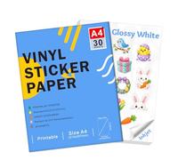 Ruibytree Papier Autocollant en Vinyle Blanc Brillant Imprimable, Format A4 297 x 210 mm, 30 Feuilles, pour Imprimante à Jet d’Encre, Compatible Cricut et Silhouette, Séchage Rapide, Couleurs Vives