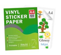 Ruibytree Papier Autocollant en Vinyle Blanc Brillant Imprimable, Format A4 297 x 210 mm, 60 Feuilles, pour Imprimante à Jet d’Encre, Compatible Cricut et Silhouette, Séchage Rapide, Couleurs Vives