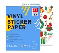 Ruibytree Papier Autocollant en Vinyle Transparent Imprimable, Format A4(297 x 210 mm), 30 Feuilles, pour Imprimante à Jet d’Encre, Compatible Cricut et Silhouette, Séchage Rapide, Couleurs Vives