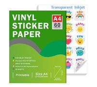 Ruibytree Papier Autocollant en Vinyle Transparent Imprimable, Format A4(297 x 210 mm), 60 Feuilles, pour Imprimante à Jet d’Encre, Compatible Cricut et Silhouette, Séchage Rapide, Couleurs Vives