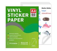Ruibytree Papier Vinyle Autocollant Mat A4 pour Jet d’Encre, 60 Feuilles | Blanc Mat, Compatible Cricut et Silhouette, Séchage Rapide, Couleurs Vives, Forte Adhérence, Résistant à l’Eau, 297 × 210 mm