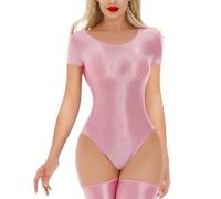 RuiChy Body Brillant Femme Manches Courtes Sexy Éclat Col Rond Transparent Combinaison Y2K Léotard Tops Tenues de Sortie Clubwear Festival Rave Vêtements de Danse(Rose/L)