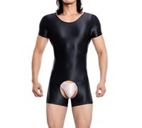 RuiChy Body Brillant Homme Manches Courtes Overall de Gym Éclat Col Rond Combinaison Sans Couture Leotard Singlet de Lutte Unitard Playsuit Entraînement Décontracté Festival Rave Pyjama(Noir/XL)