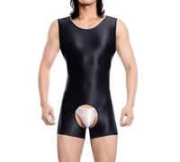 RuiChy Body Brillant Homme Sans Manches Overall de Gym Débardeur Éclat Col Rond Combinaison Leotard Singlet de Lutte Unitard Playsuit Entraînement Décontracté Festival Rave Pyjama(Noir/M)