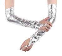 RuiChy Brillants Métalliques Gants Sans Doigts pour Femmes, Gants d'opéra en Cuir Verni Longueur Coude Manchons pour Années 80 Soirée Fête Mascarade Cosplay Spectacle Disco Danse (Argenté)