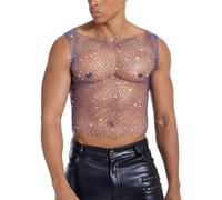 RuiChy Débardeur Résille Homme Haut Pailleté Sexy Chemise Transparente sans Manches Maillot de Corps Déchiré Tenue Extravagante pour Soirées en Boîte et Festivals Musicaux(Bleu/L)