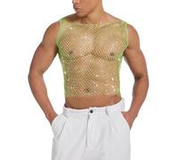 RuiChy Débardeur Résille Homme Haut Pailleté Sexy Chemise Transparente sans Manches Maillot de Corps Déchiré Tenue Extravagante pour Soirées en Boîte et Festivals Musicaux(Neon Vert/XL)