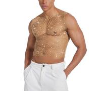 RuiChy Débardeur Résille Homme Haut Pailleté Sexy Chemise Transparente sans Manches Maillot de Corps Déchiré Tenue Extravagante pour Soirées en Boîte et Festivals Musicaux(Doré/XL)