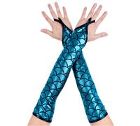 RuiChy Gants longs métalliques sans doigts pour femmes gants de costume brillants en écailles de poisson longueur coude pour soirée mascarade rave spectacle cosplay boîte de nuit danse(Bleu)