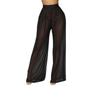 RuiChy Pantalons Transparente pour Femmes Pantalons de Maillage Sheer d'Été Haut Waist Coupe Lâche Casual Pantalons Évasés de Plage Couverture pour Bikini Bas Sexy Club (Noir/M)