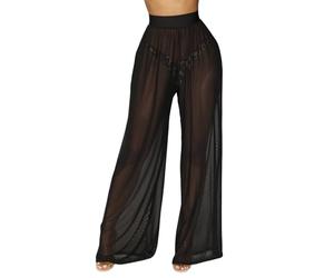 RuiChy Pantalons Transparente pour Femmes Pantalons de Maillage Sheer d'Été Haut Waist Coupe Lâche Casual Pantalons Évasés de Plage Couverture pour Bikini Bas Sexy Club(Noir/XL)