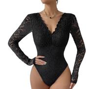 RuiChy Sexy Body en Dentelle pour Femme, Décolleté en V Manches Longues Bodysuit Chic Élégant Dentelle Florale Transparente Dos Nu Une Pièc Combinaisons Justaucorps Haut de Lingerie (Noir-L)