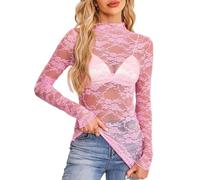 RuiChy Sheer Top en Dentelle à Fleurs pour Femme, Sexy Transparent Col Montant Hauts à Manches Longues Broderie Florale T-Shirt en Maille Chemise de Base Blouse Clubwear Streetwear (Rose-L)