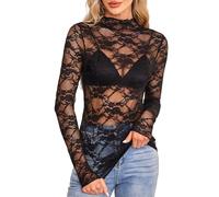 RuiChy Sheer Top en Dentelle à Fleurs pour Femme, Sexy Transparent Col Montant Hauts à Manches Longues Broderie Florale T-Shirt en Maille Chemise de Base Blouse Clubwear Streetwear (Noir-M)