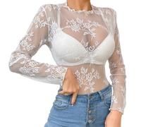 RuiChy Sheer Top en Dentelle à Rose pour Femme, Sexy Transparent Col Montant Hauts à Manches Longues Fleur Brodée T-Shirt en Maille Chemise de Base Blouse Top Clubwear Streetwear (Blanc-M)