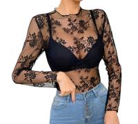 RuiChy Sheer Top en Dentelle à Rose pour Femme, Sexy Transparent Col Montant Hauts à Manches Longues Fleur Brodée T-Shirt en Maille Chemise de Base Blouse Top Clubwear Streetwear (Noir-M)