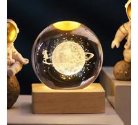 RuiDay Veilleuse Boule de Cristal 3D Galaxie Spatiale - Lampe de Nuit en Verre Avec Base en Bois - LED Système Solaire (E)