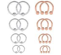 Ruifan 8PRS Lot de 16 anneaux de piercing en acier chirurgical 14 G en forme de fer à cheval et perle captive pour septum, sourcil, langue, lèvre, téton, hélix, tragus 6-12 mm, Acier inoxydable, acier