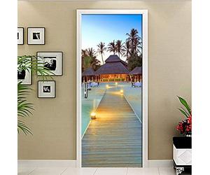 Ruifulex Sticker Porte Belle Vue sur La Mer 3D Photo Papier Peint Étanche Creative DIY Porte Autocollant PVC Vinyle Mur Papier Salon Chambre Porte Murale