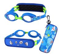RUIGAO Lunettes de natation pour enfants de 2 à 8 ans avec sangle en tissu, sans douleur et sans nœuds, lunettes de natation pour tout-petits avec étui à personnage, bleu