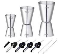RUIJIE 3 Pièces Doseur Cocktail 30/40/50ml Double à Alcool en Acier Inoxydable Tasse à Mesurer avec 4 Verseur de Vin Bouteille & 2 Pinceaux Mesure Jigger pour Bar Maisons Fête Vin Gin Shaker