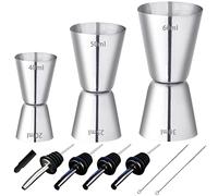 RUIJIE Lot de 3 Tasses à Mesurer à Cocktail en Acier Inoxydable 4, 5, 6 cl, Petit Doseur Avec Échelle Intérieure, Double Tasses Avec 4 Becs Verseurs et 2 Brosses Double Taille pour Bar