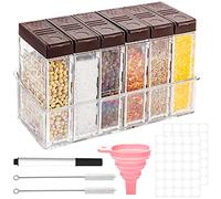 RUIJIE Pot à Épices en Plastique, Lot de 6 Boîtes à Épices Transparent, Pots d'Assaisonnement, Distributeur Pot Epices avec Plateau, Couvercle Shaker, Entonnoir, Brosse, pour Rangement de Condiments