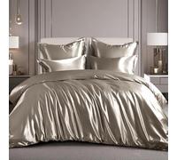 RUIKASI Parure de lit en satin 220x240 Taupe - Ensemble de housse de couette de luxe soyeux avec un éclat comme la soie, ensemble de literie taupe pour les cheveux et la peau, parure de lit brillante