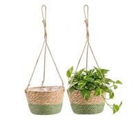 Ruikcoll Lot de 2 pots de fleurs suspendus en jonc de mer tissé à la main avec corde de suspension, 20 cm, pour plantes grasses, herbes, pour l'intérieur et l'extérieur