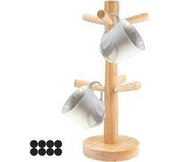 Ruikcoll Support de tasse en bois, support de bretzel, pour comptoir de cuisine, 6 bras, étagère pour tasses à café en bois avec 8 coussinets en silicone